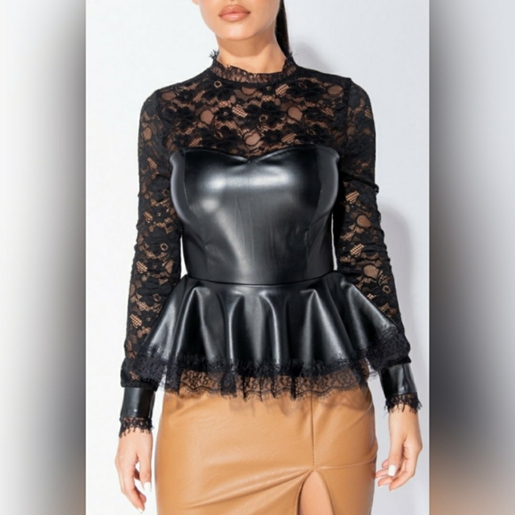 1 LEFT!! Wet Look & Lace Faux Leather Peplum Top - Picture 11 of 14